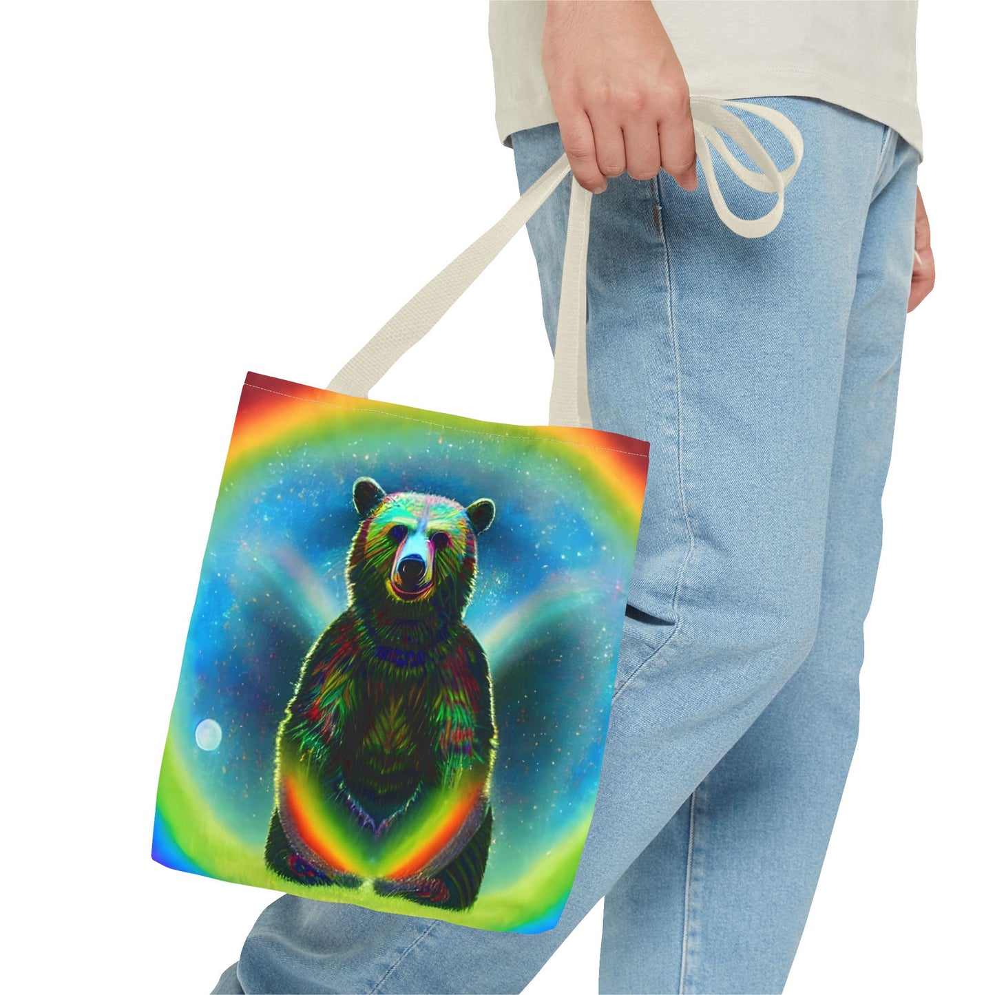 Psychedelic Rainbow Moon Bear Tote Bag (AOP)