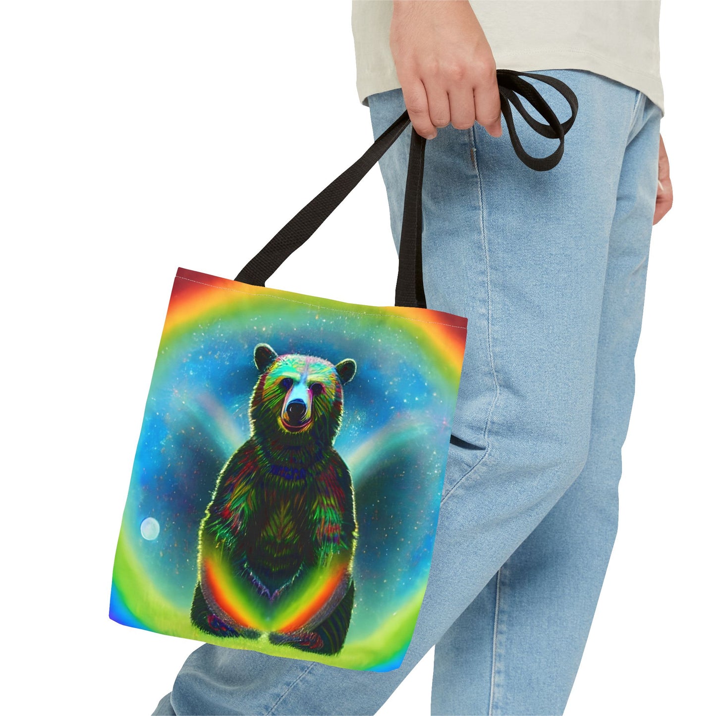 Psychedelic Rainbow Moon Bear Tote Bag (AOP)