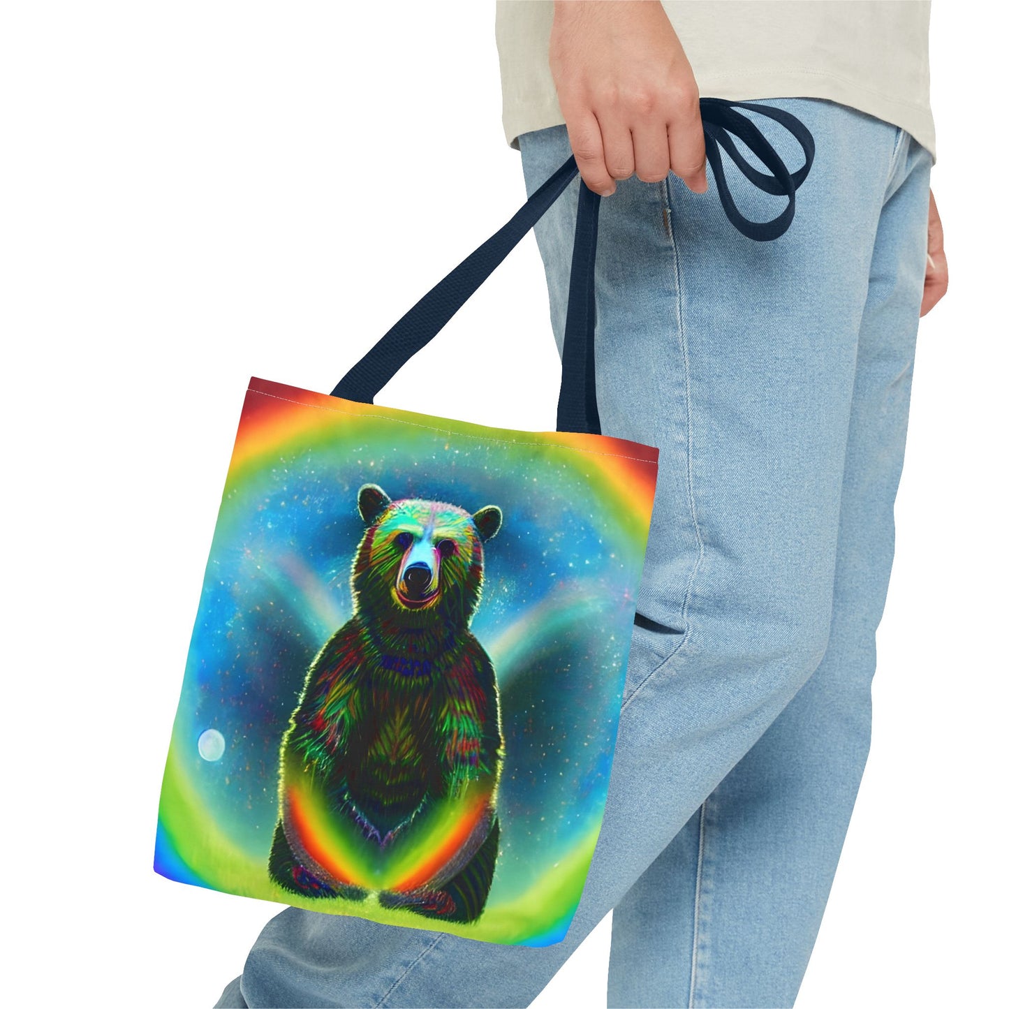 Psychedelic Rainbow Moon Bear Tote Bag (AOP)