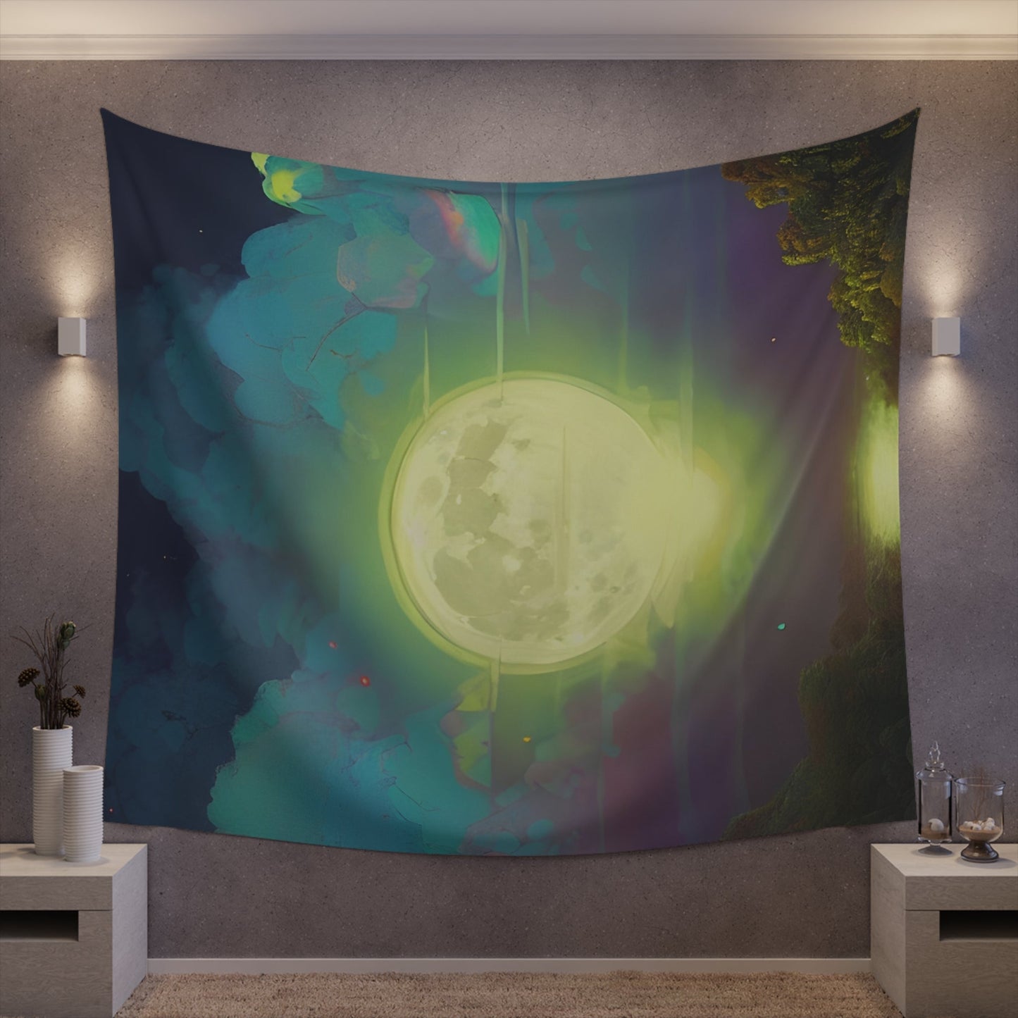 Psychedelic Full Moon Over Mirrored Lake Printed Wall Tapestry-JujuVibe