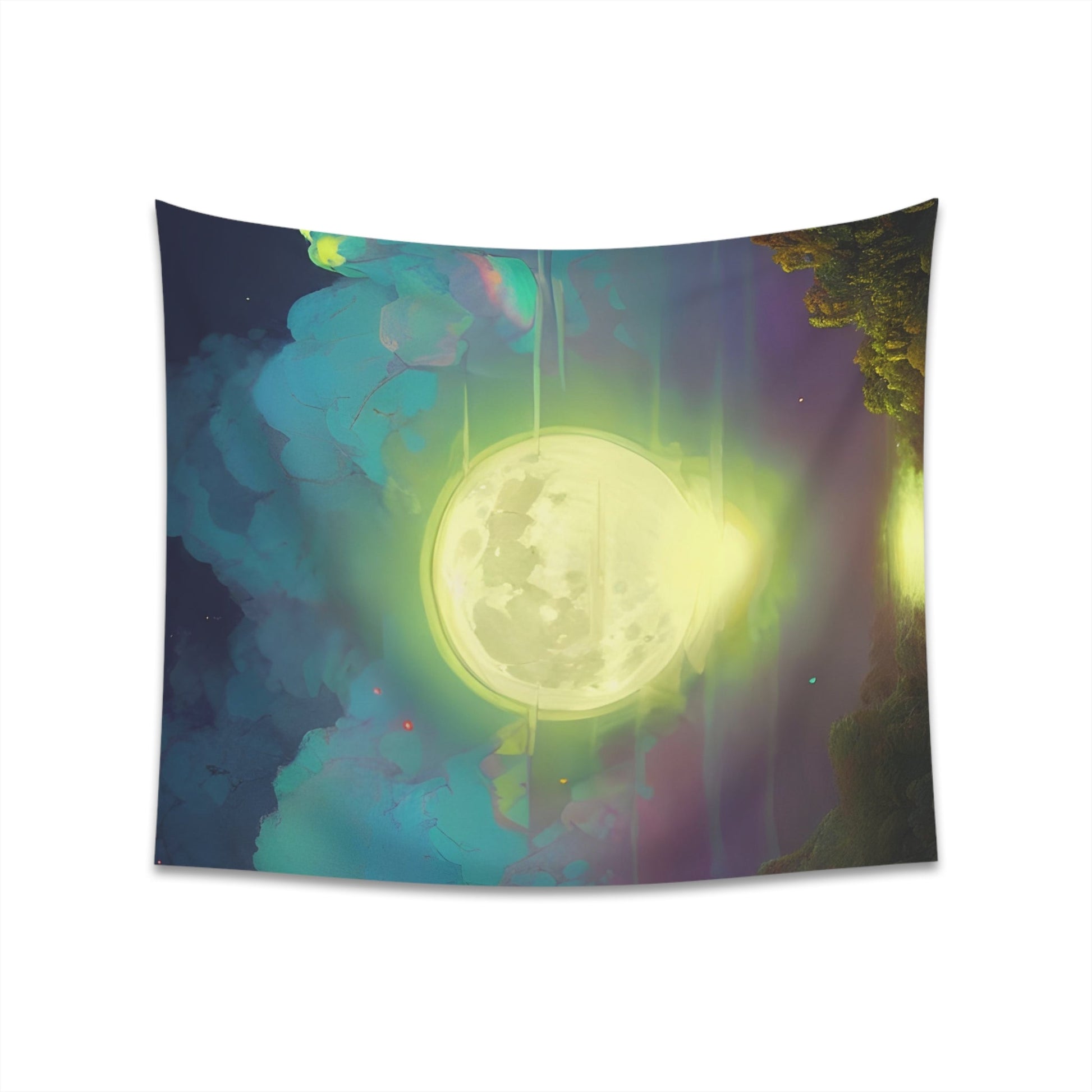 Psychedelic Full Moon Over Mirrored Lake Printed Wall Tapestry-JujuVibe