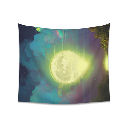 Psychedelic Full Moon Over Mirrored Lake Printed Wall Tapestry-JujuVibe