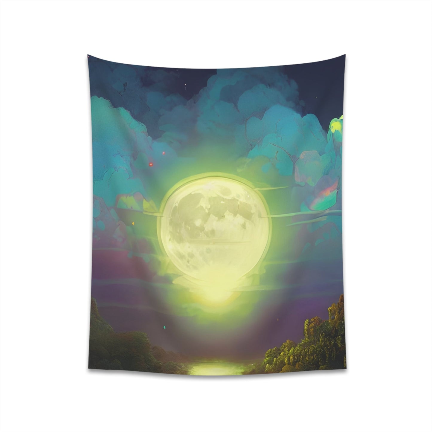 Psychedelic Full Moon Over Mirrored Lake Printed Wall Tapestry-JujuVibe