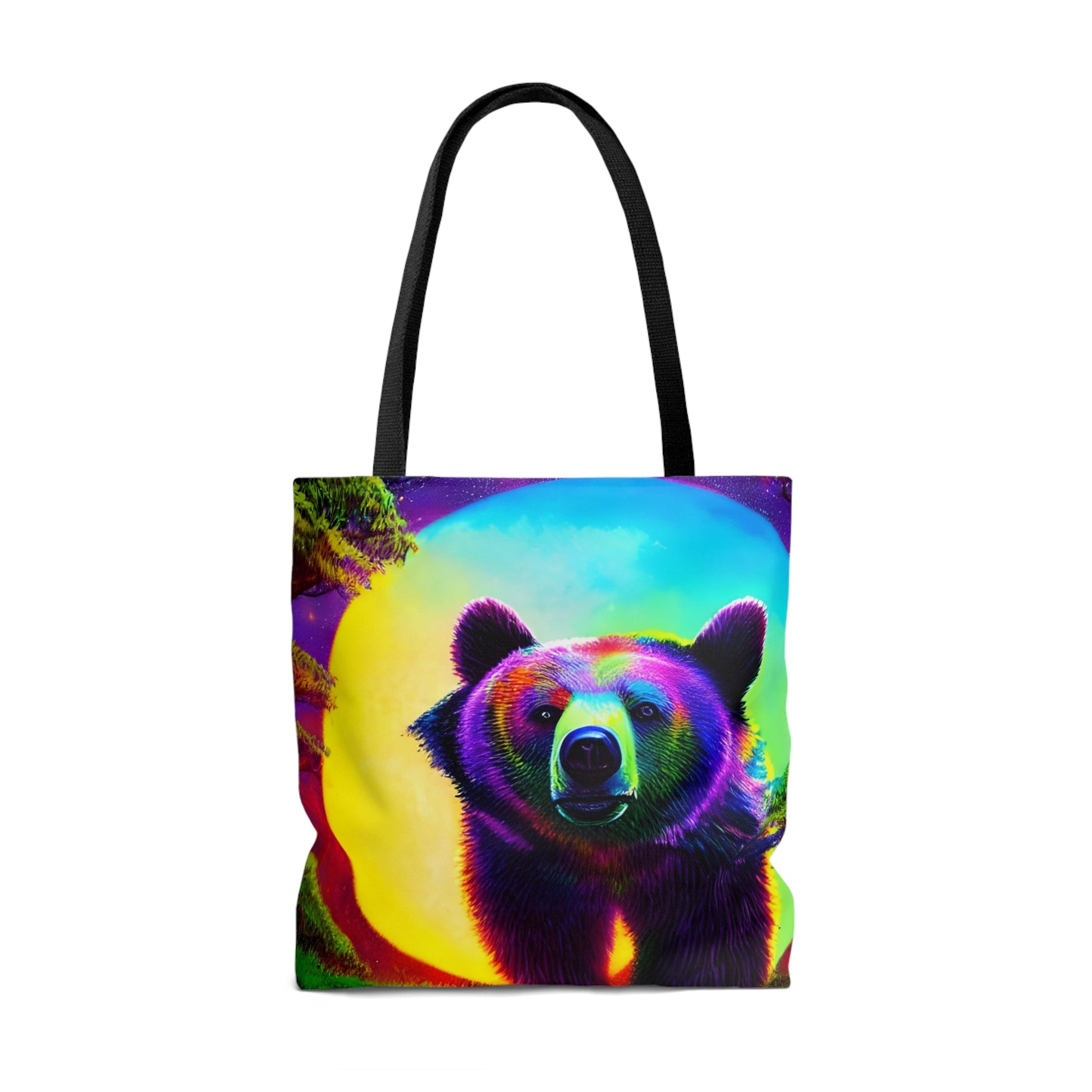 Psychedelic Full Moon Mountain Bear Tote Bag (AOP)-JujuVibe