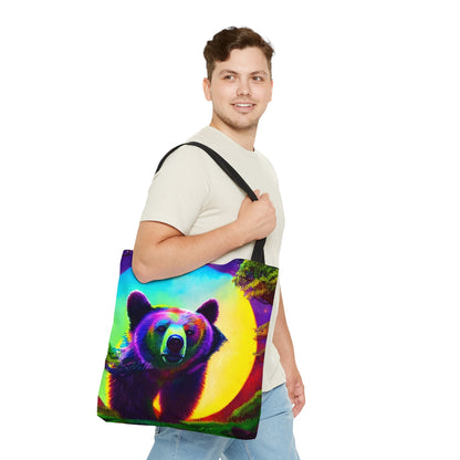 Psychedelic Full Moon Mountain Bear Tote Bag (AOP)-JujuVibe