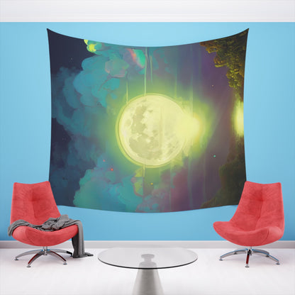 Psychedelic Full Moon Over Mirrored Lake Printed Wall Tapestry-JujuVibe