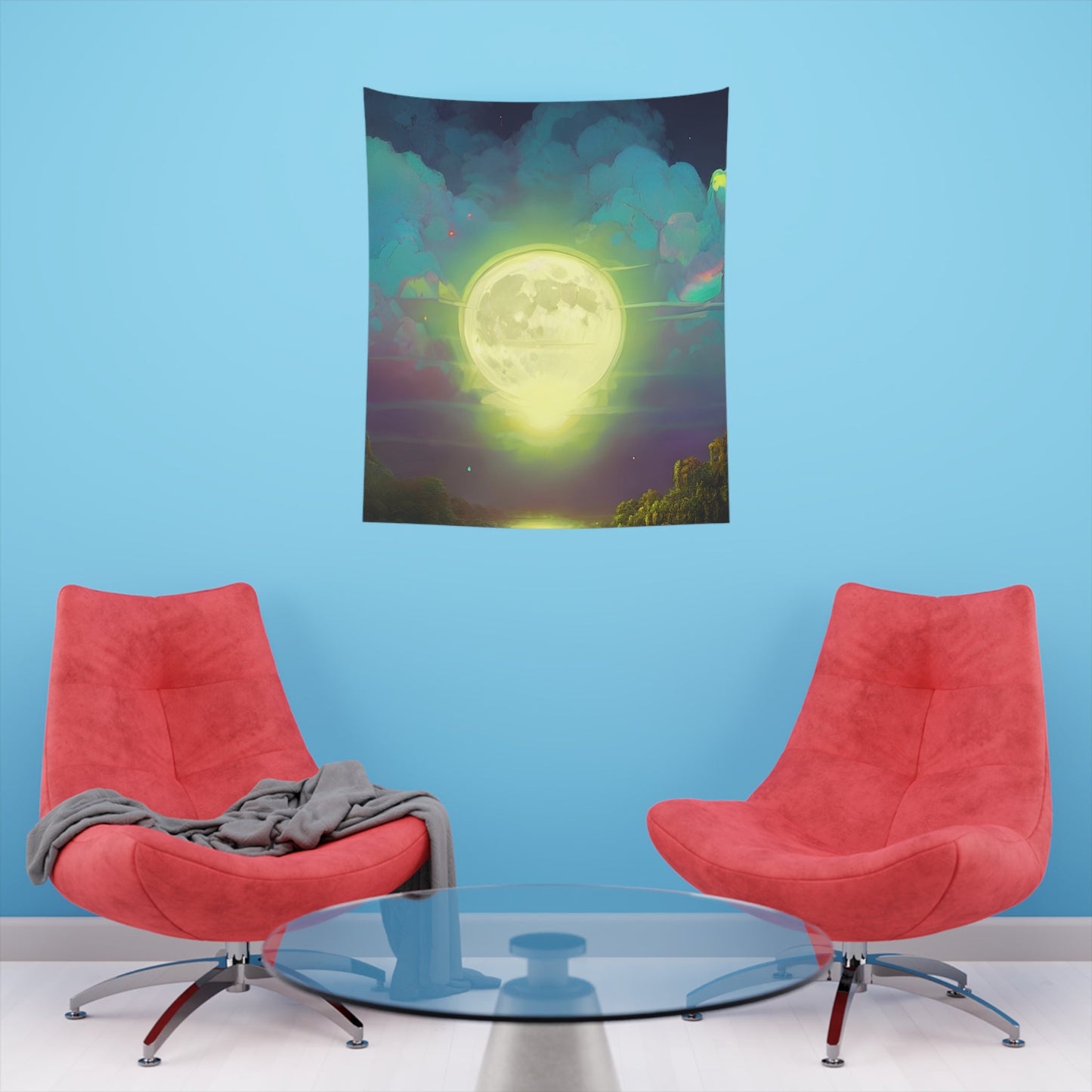 Psychedelic Full Moon Over Mirrored Lake Printed Wall Tapestry-JujuVibe