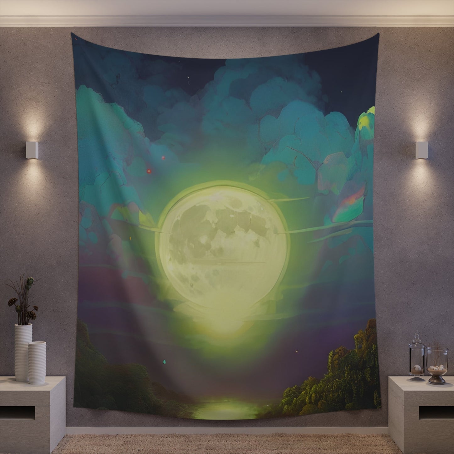 Psychedelic Full Moon Over Mirrored Lake Printed Wall Tapestry-JujuVibe