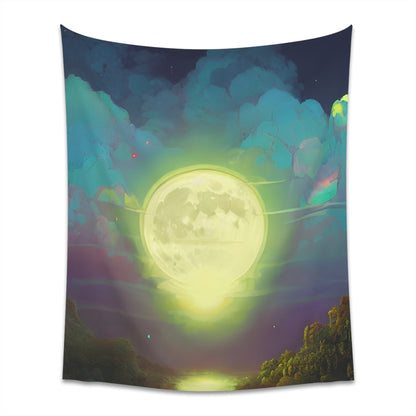 Psychedelic Full Moon Over Mirrored Lake Printed Wall Tapestry-JujuVibe