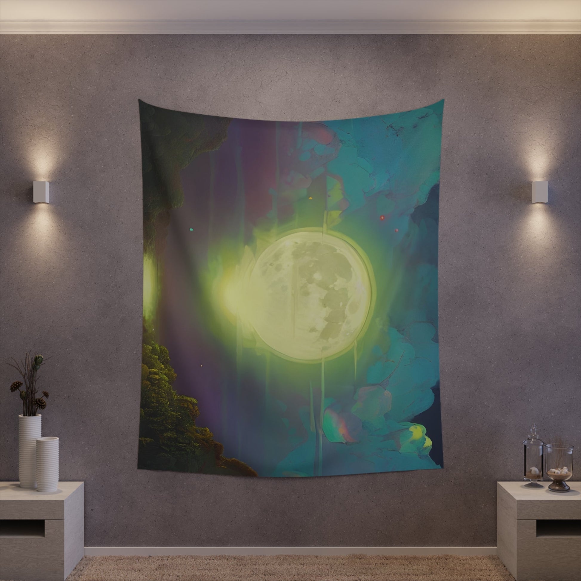 Psychedelic Full Moon Over Mirrored Lake Printed Wall Tapestry-JujuVibe