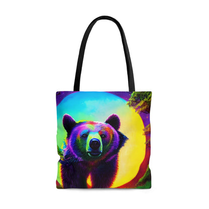 Psychedelic Full Moon Mountain Bear Tote Bag (AOP)-JujuVibe