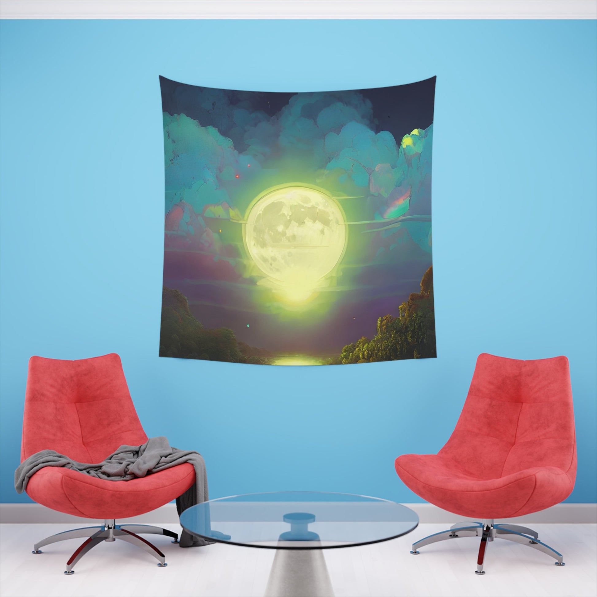 Psychedelic Full Moon Over Mirrored Lake Printed Wall Tapestry-JujuVibe