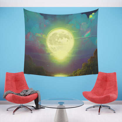 Psychedelic Full Moon Over Mirrored Lake Printed Wall Tapestry-JujuVibe