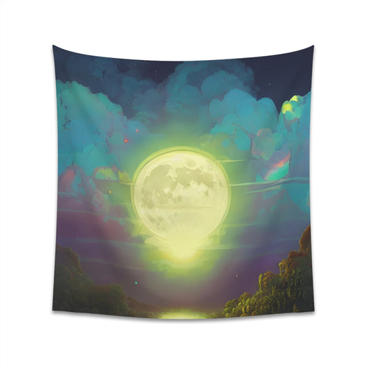 Psychedelic Full Moon Over Mirrored Lake Printed Wall Tapestry-JujuVibe