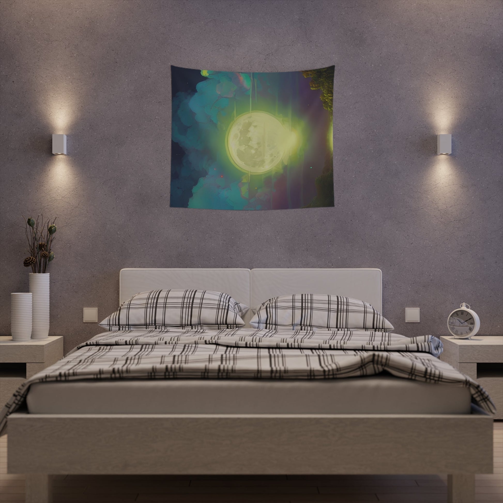 Psychedelic Full Moon Over Mirrored Lake Printed Wall Tapestry-JujuVibe