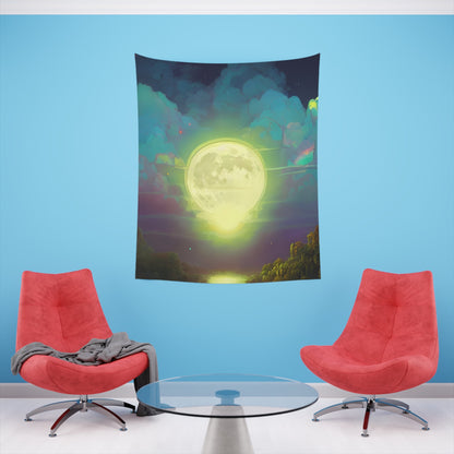 Psychedelic Full Moon Over Mirrored Lake Printed Wall Tapestry-JujuVibe