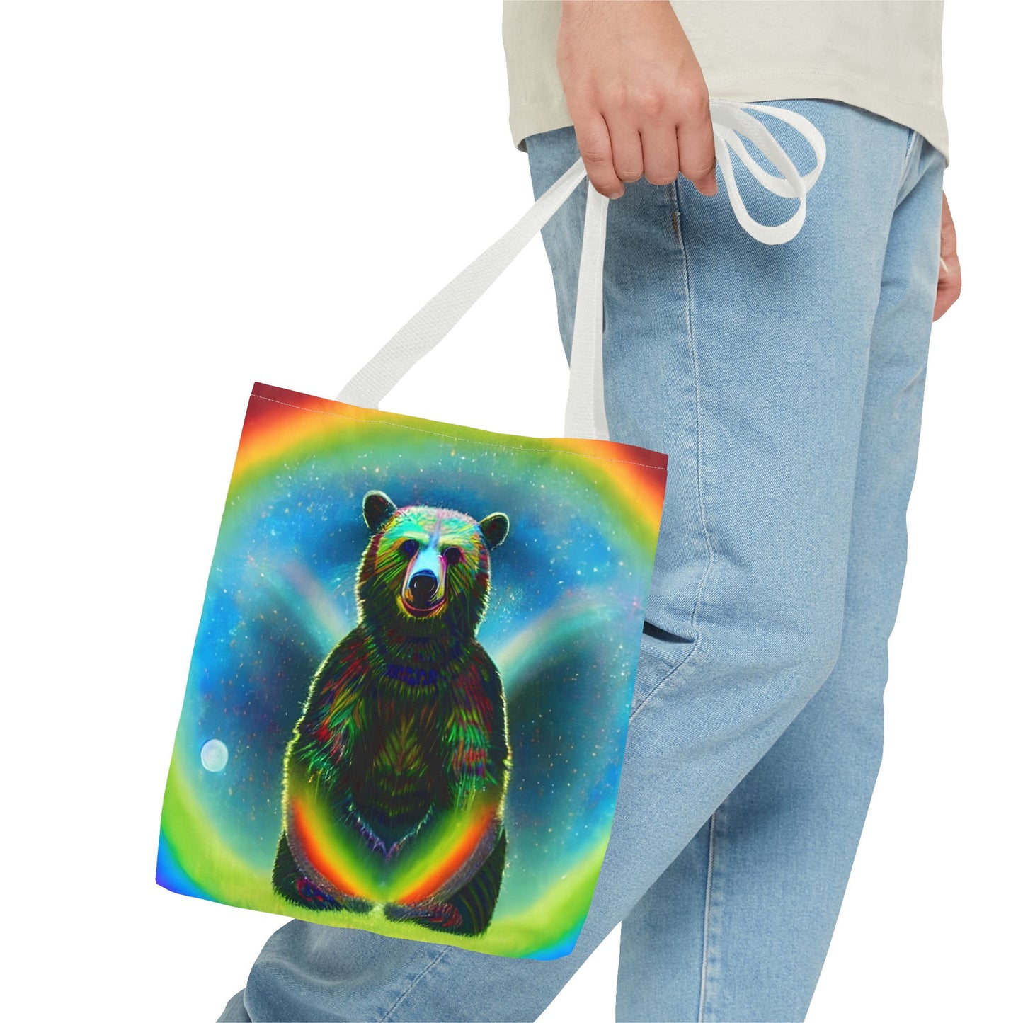 Psychedelic Rainbow Moon Bear Tote Bag (AOP)