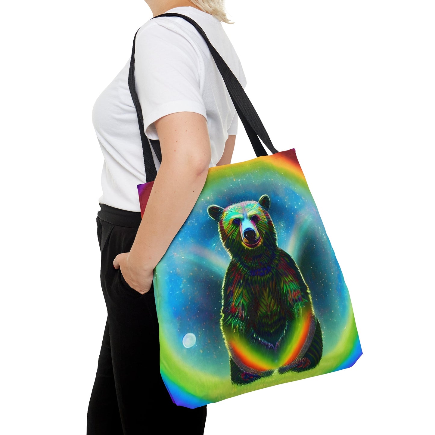 Psychedelic Rainbow Moon Bear Tote Bag (AOP)-JujuVibe