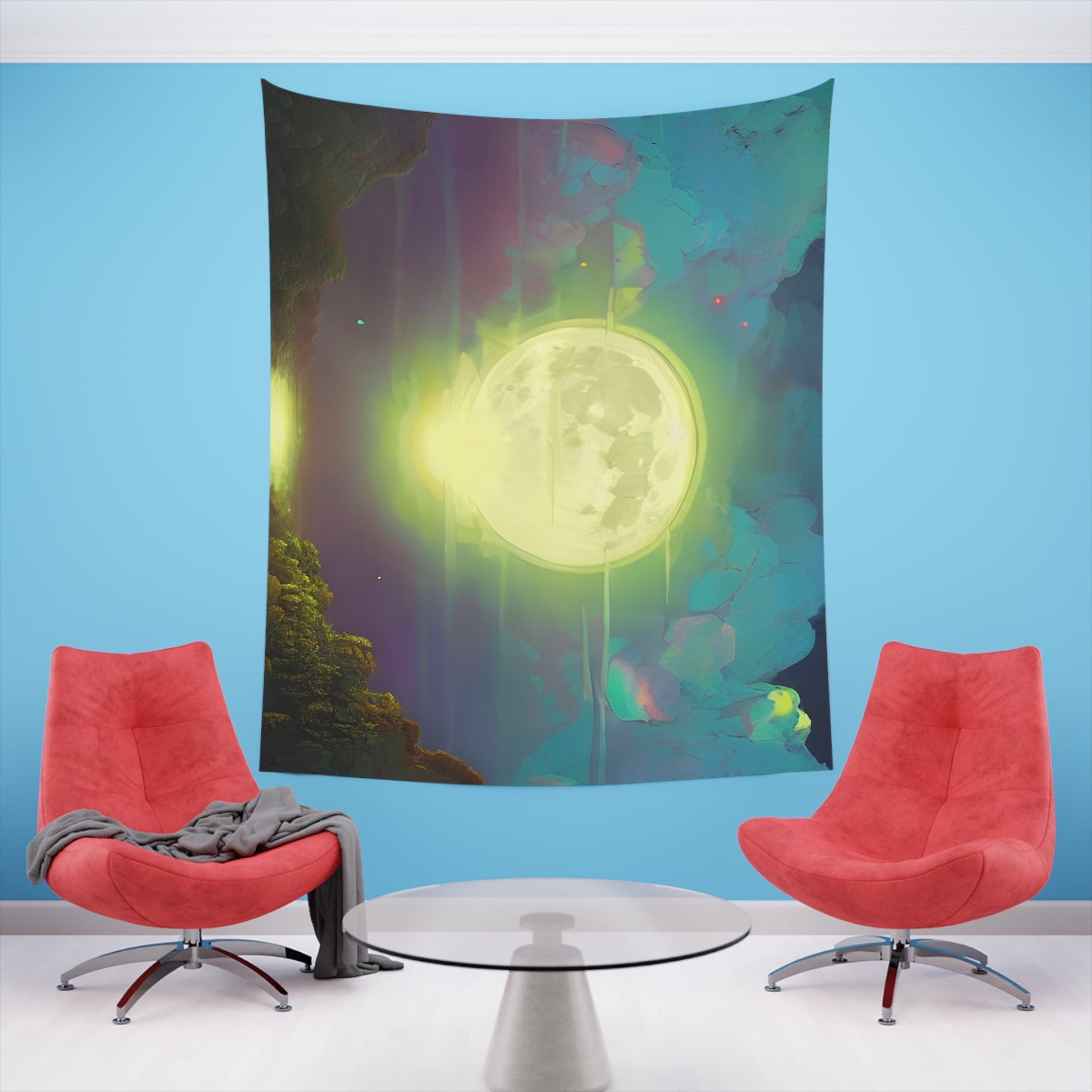 Psychedelic Full Moon Over Mirrored Lake Printed Wall Tapestry-JujuVibe