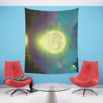 Psychedelic Full Moon Over Mirrored Lake Printed Wall Tapestry-JujuVibe