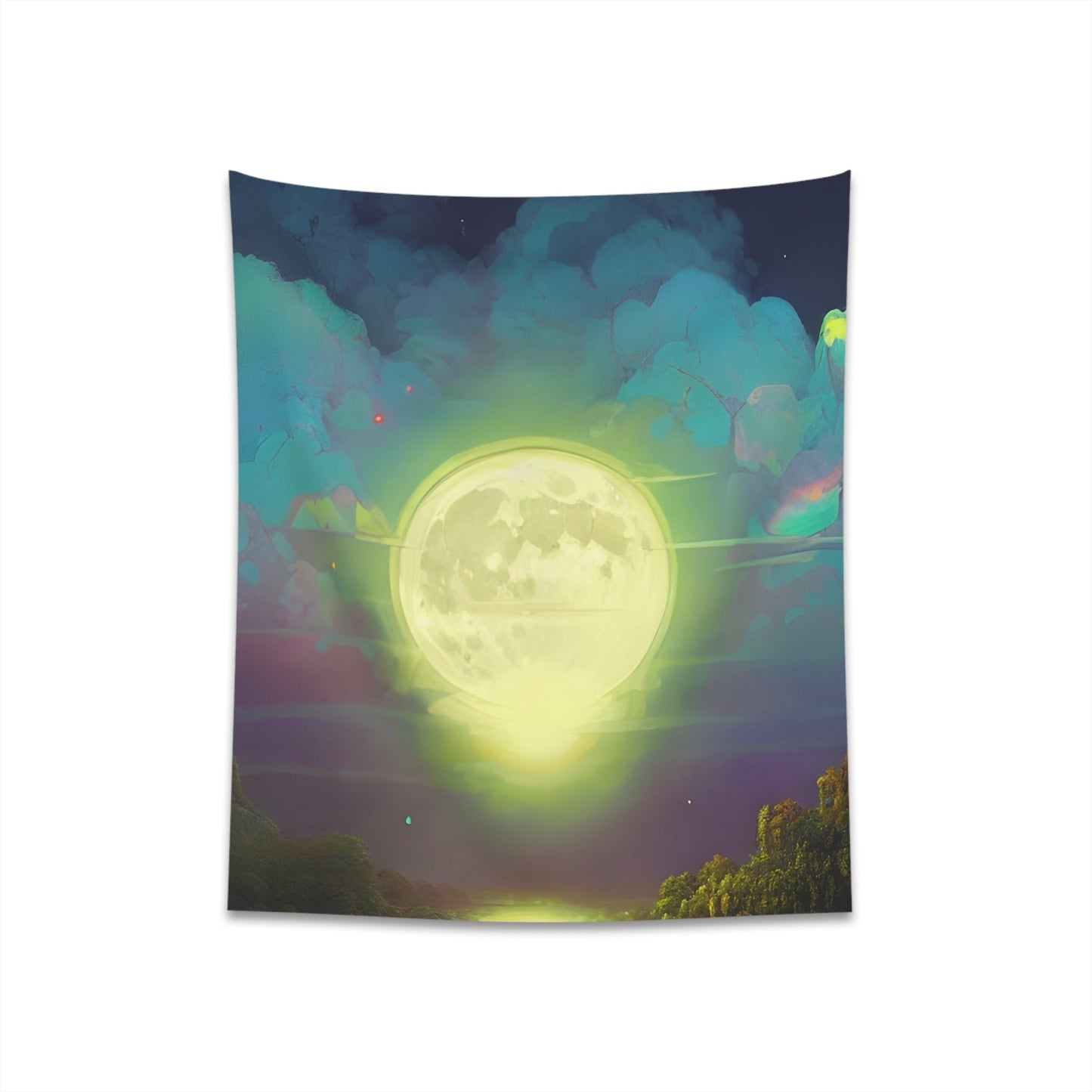 Psychedelic Full Moon Over Mirrored Lake Printed Wall Tapestry-JujuVibe