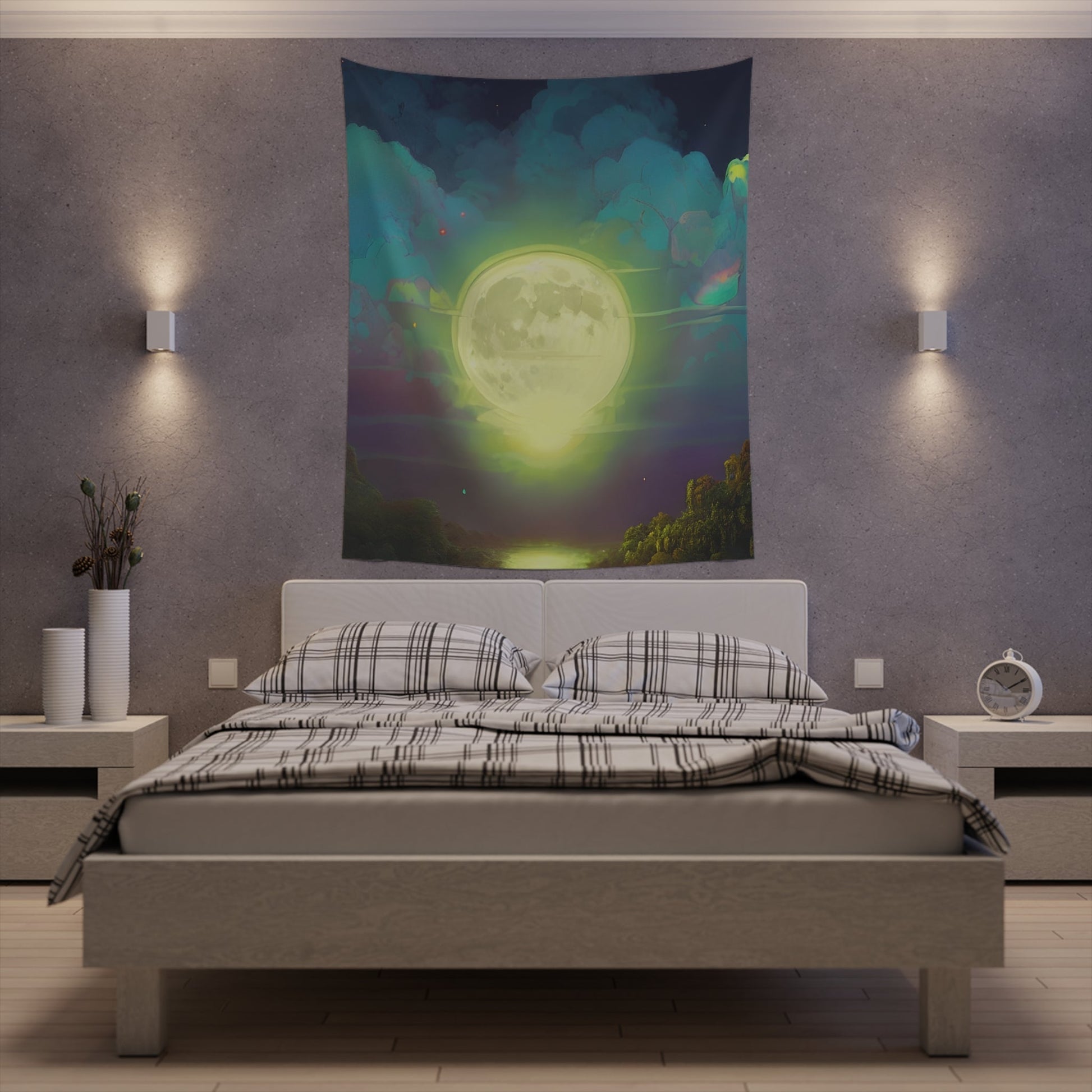 Psychedelic Full Moon Over Mirrored Lake Printed Wall Tapestry-JujuVibe