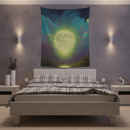 Psychedelic Full Moon Over Mirrored Lake Printed Wall Tapestry-JujuVibe