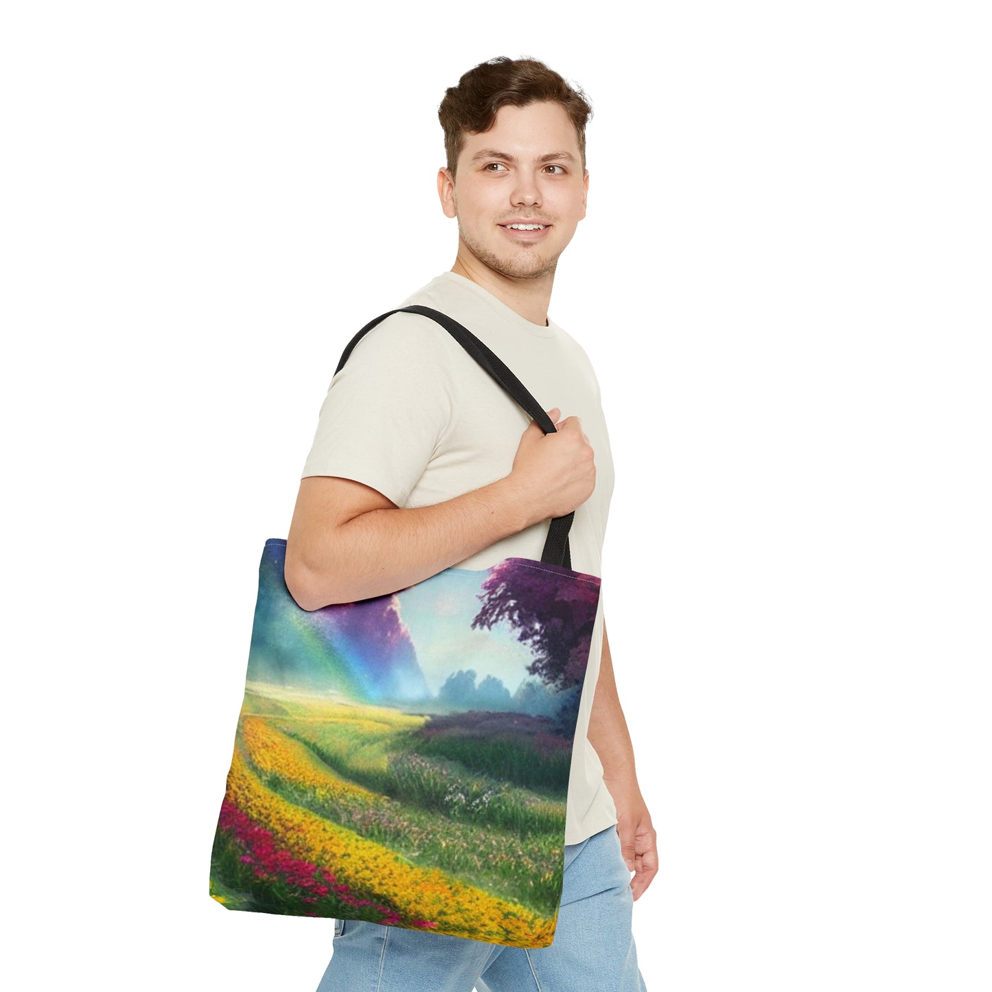 JujuVibe Rainbow Sky Flower Field Tote Bag (AOP)