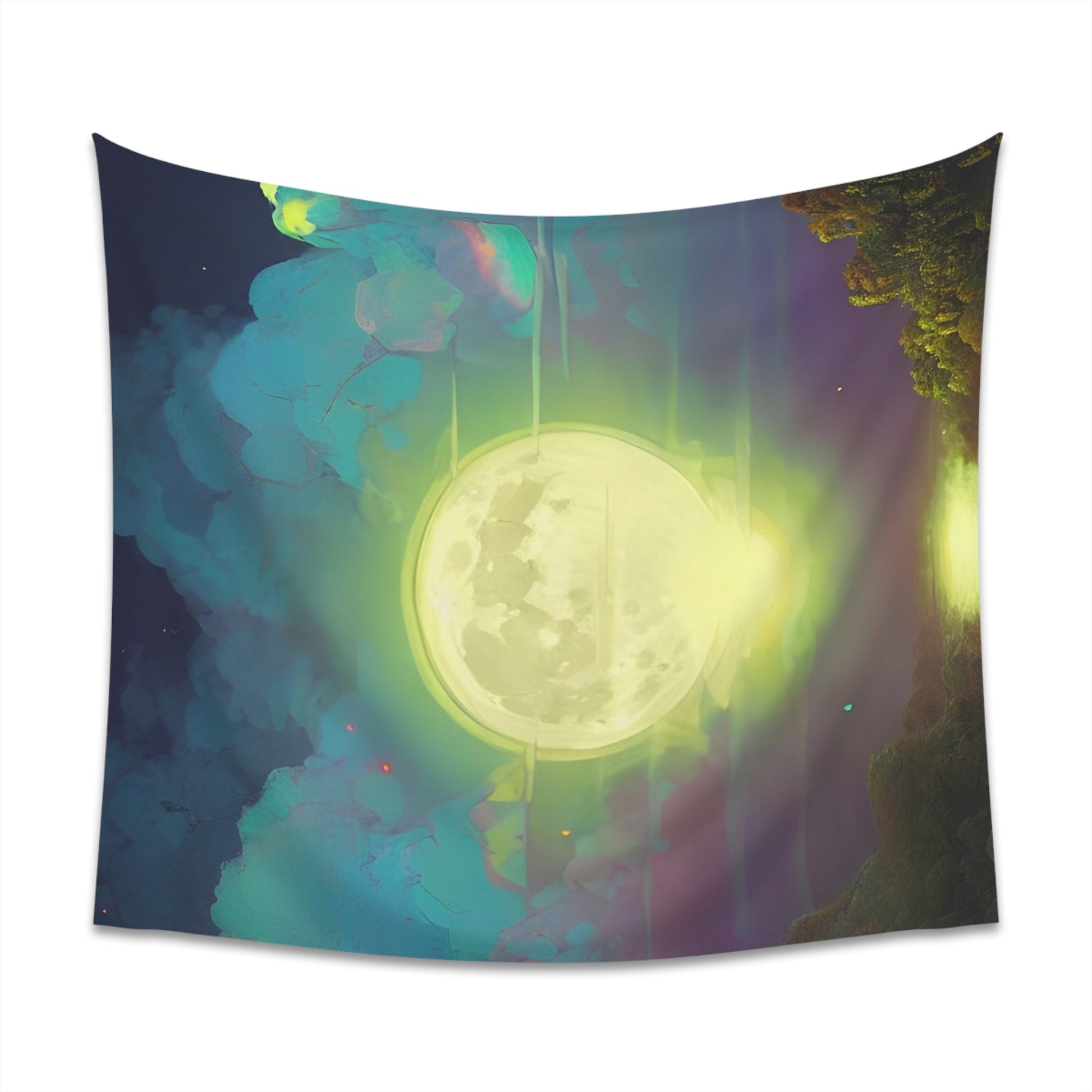 Psychedelic Full Moon Over Mirrored Lake Printed Wall Tapestry-JujuVibe