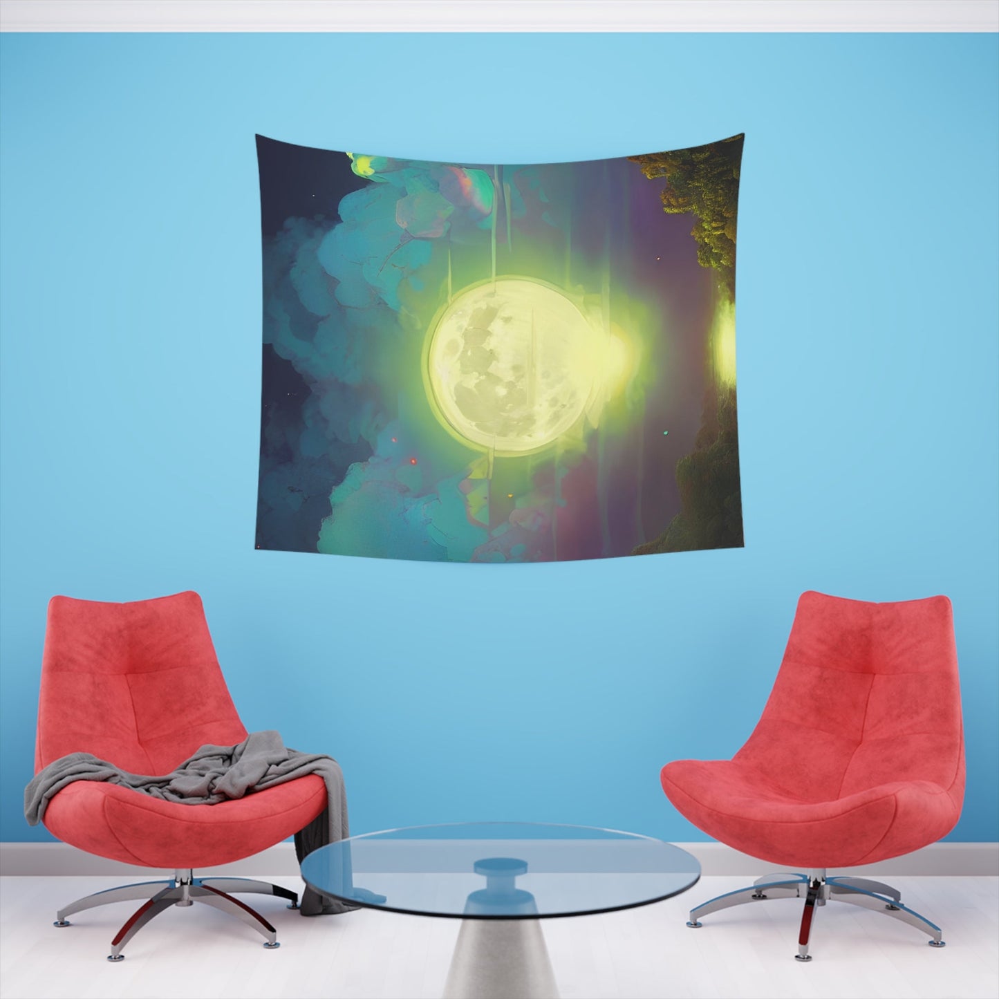 Psychedelic Full Moon Over Mirrored Lake Printed Wall Tapestry-JujuVibe