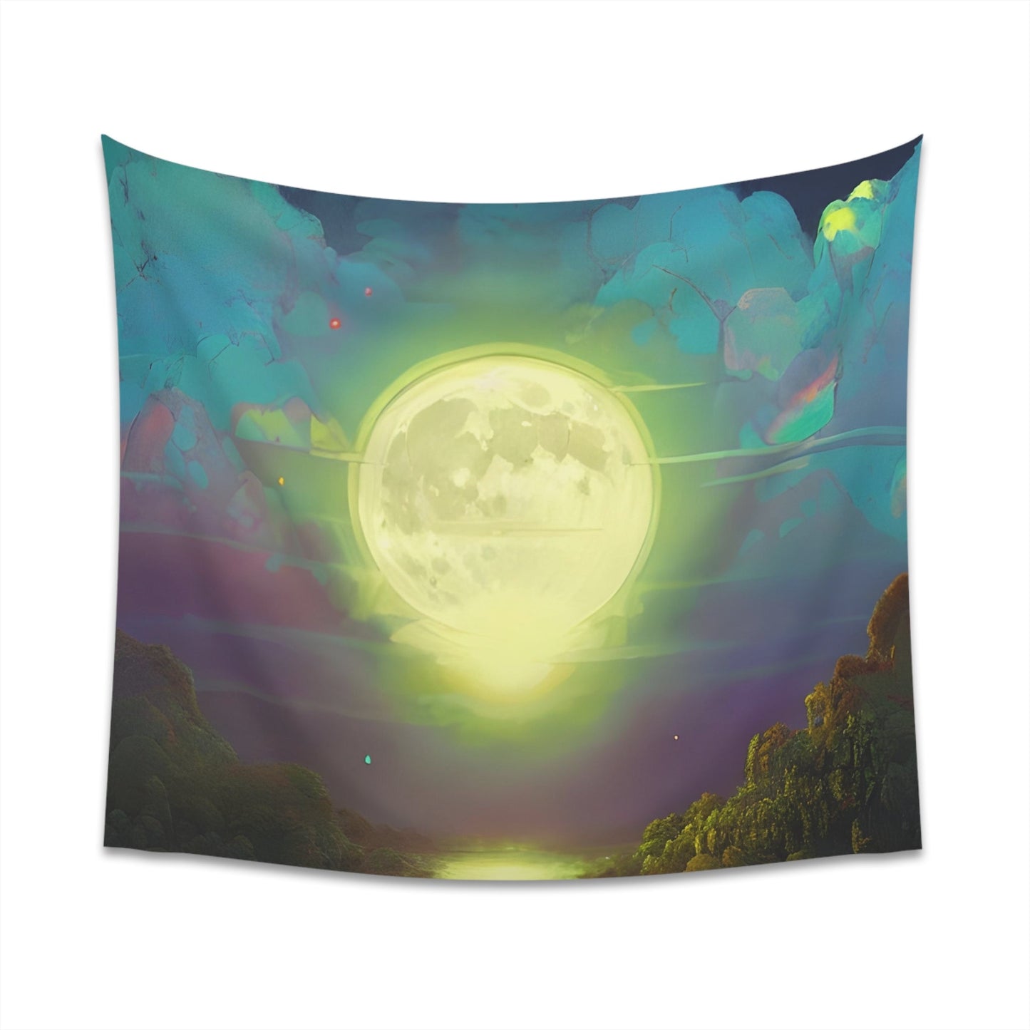 Psychedelic Full Moon Over Mirrored Lake Printed Wall Tapestry-JujuVibe