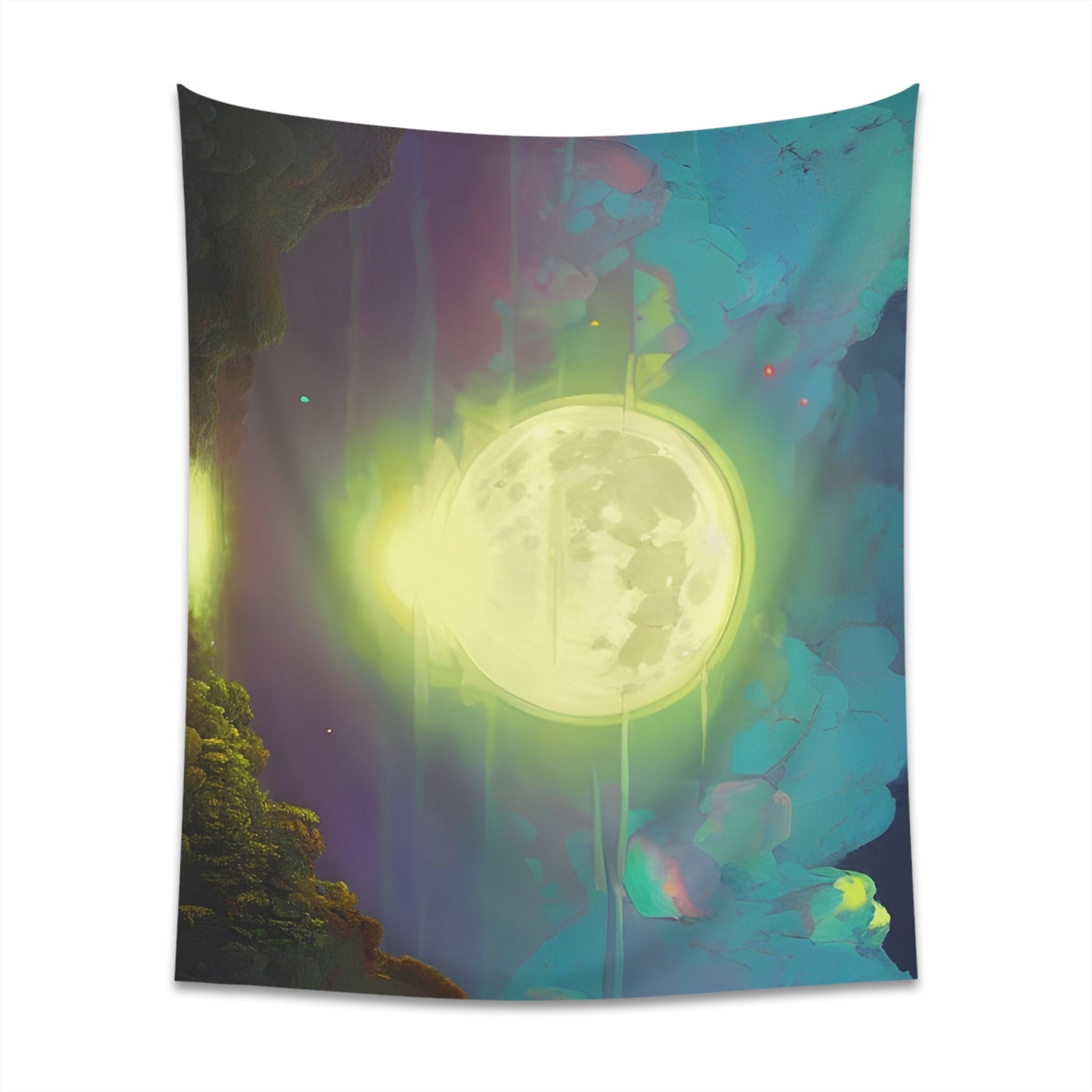 Psychedelic Full Moon Over Mirrored Lake Printed Wall Tapestry-JujuVibe