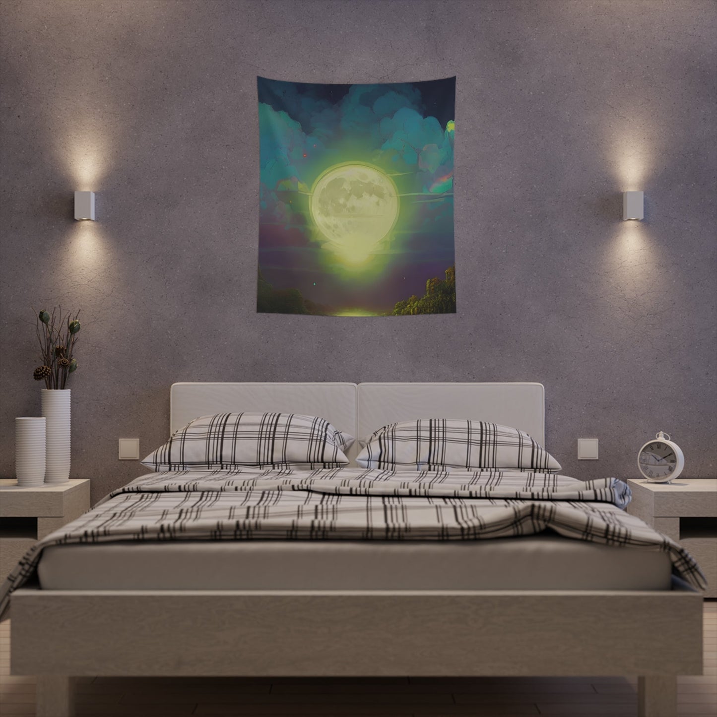 Psychedelic Full Moon Over Mirrored Lake Printed Wall Tapestry-JujuVibe