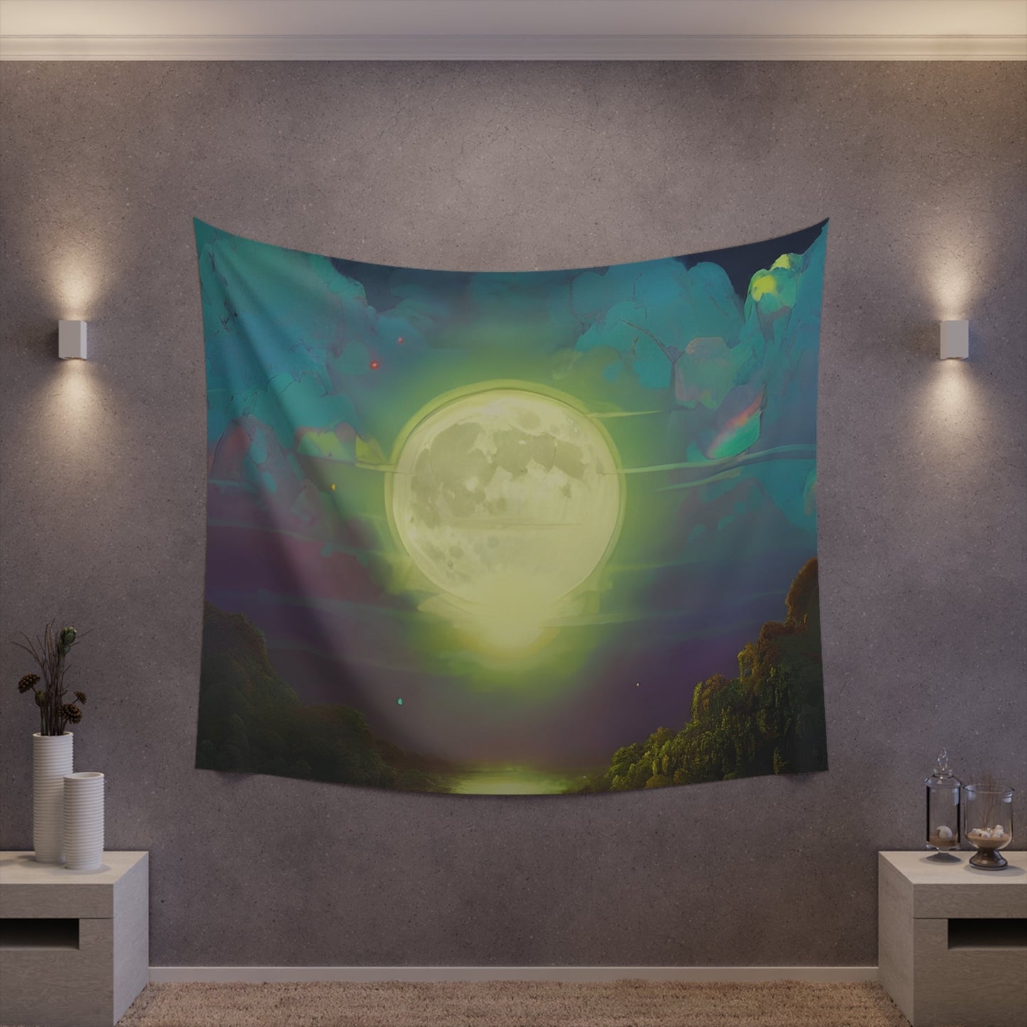 Psychedelic Full Moon Over Mirrored Lake Printed Wall Tapestry-JujuVibe