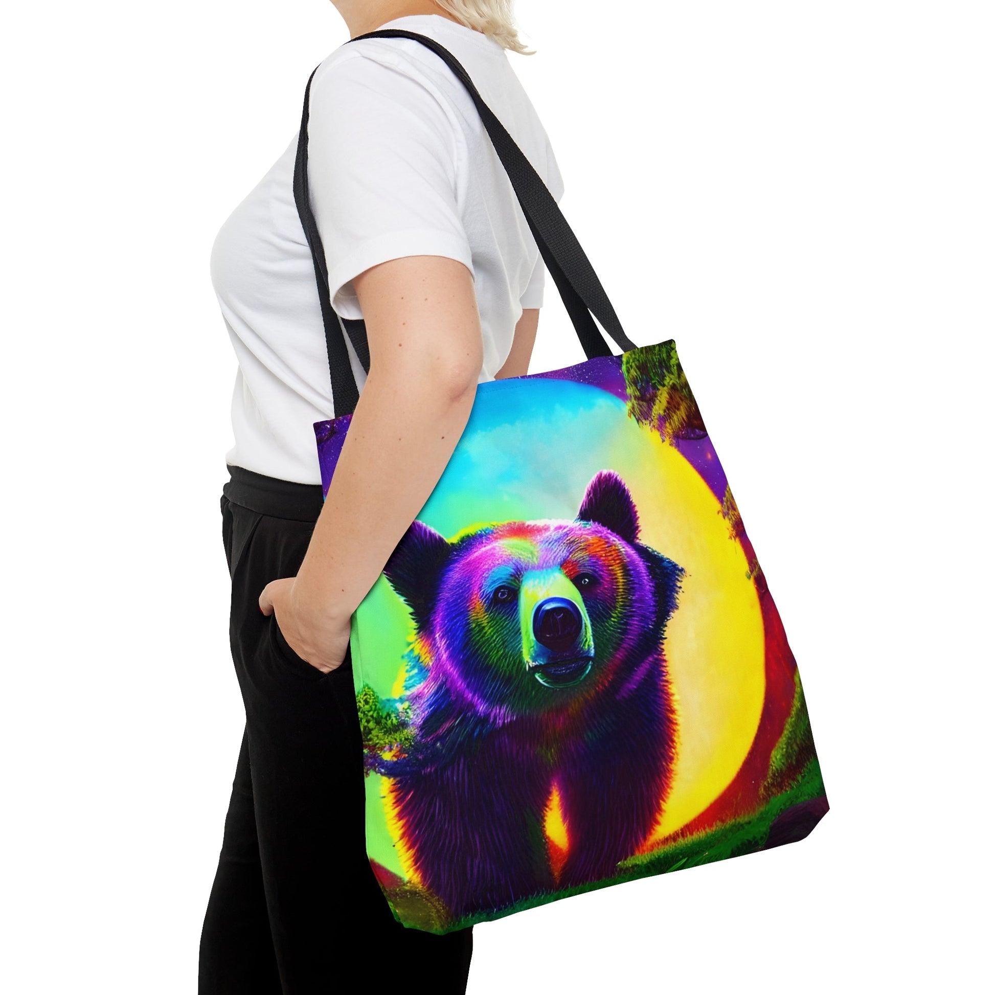 Psychedelic Full Moon Mountain Bear Tote Bag (AOP)-JujuVibe