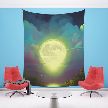 Psychedelic Full Moon Over Mirrored Lake Printed Wall Tapestry-JujuVibe