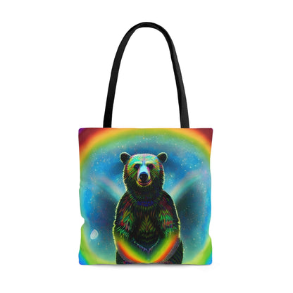 Psychedelic Rainbow Moon Bear Tote Bag (AOP)-JujuVibe