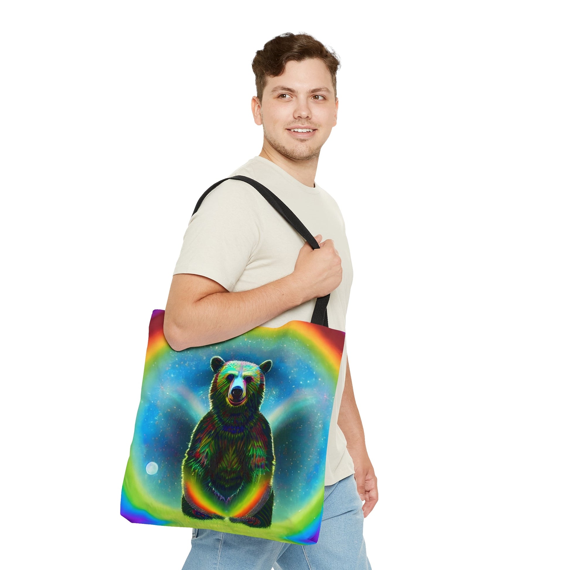 Psychedelic Rainbow Moon Bear Tote Bag (AOP)-JujuVibe