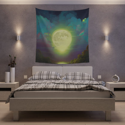 Psychedelic Full Moon Over Mirrored Lake Printed Wall Tapestry-JujuVibe