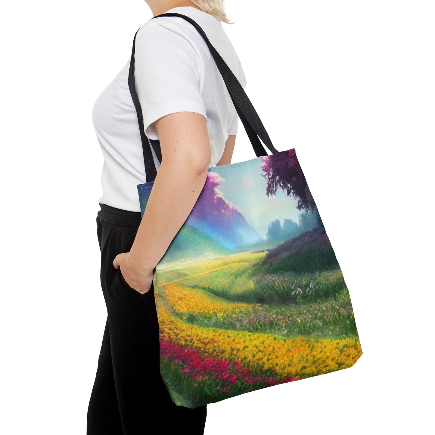 JujuVibe Rainbow Sky Flower Field Tote Bag (AOP)