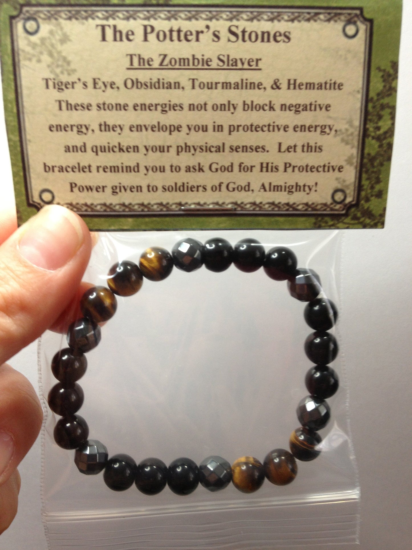 Zombie Slayer: Tiger's Eye, Obsidian, Tourmaline & Hematite Beaded Gemstone Stretch Bracelet