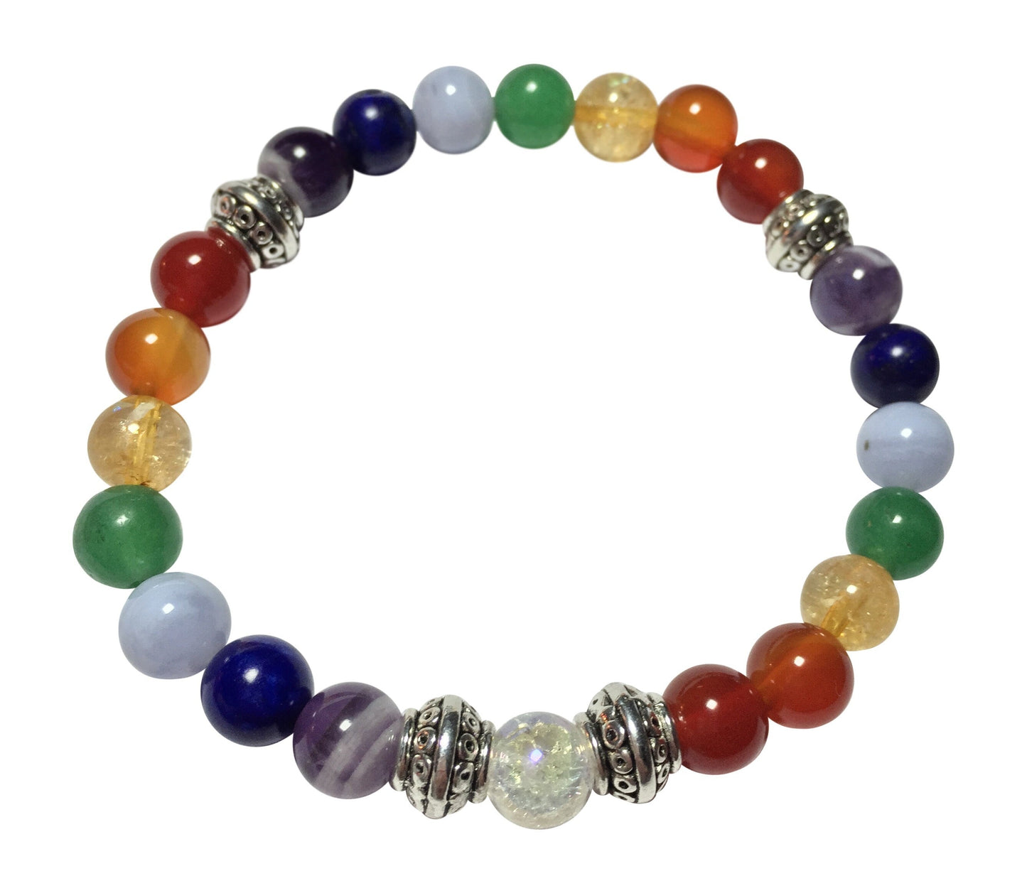 Chakras of Grace: Chevron Amethyst, Lapis Lazuli, Blue Lace Agate, Jade, Citrine, Fire Agate, Carnelian & Crystal Quartz Stretch Bracelet