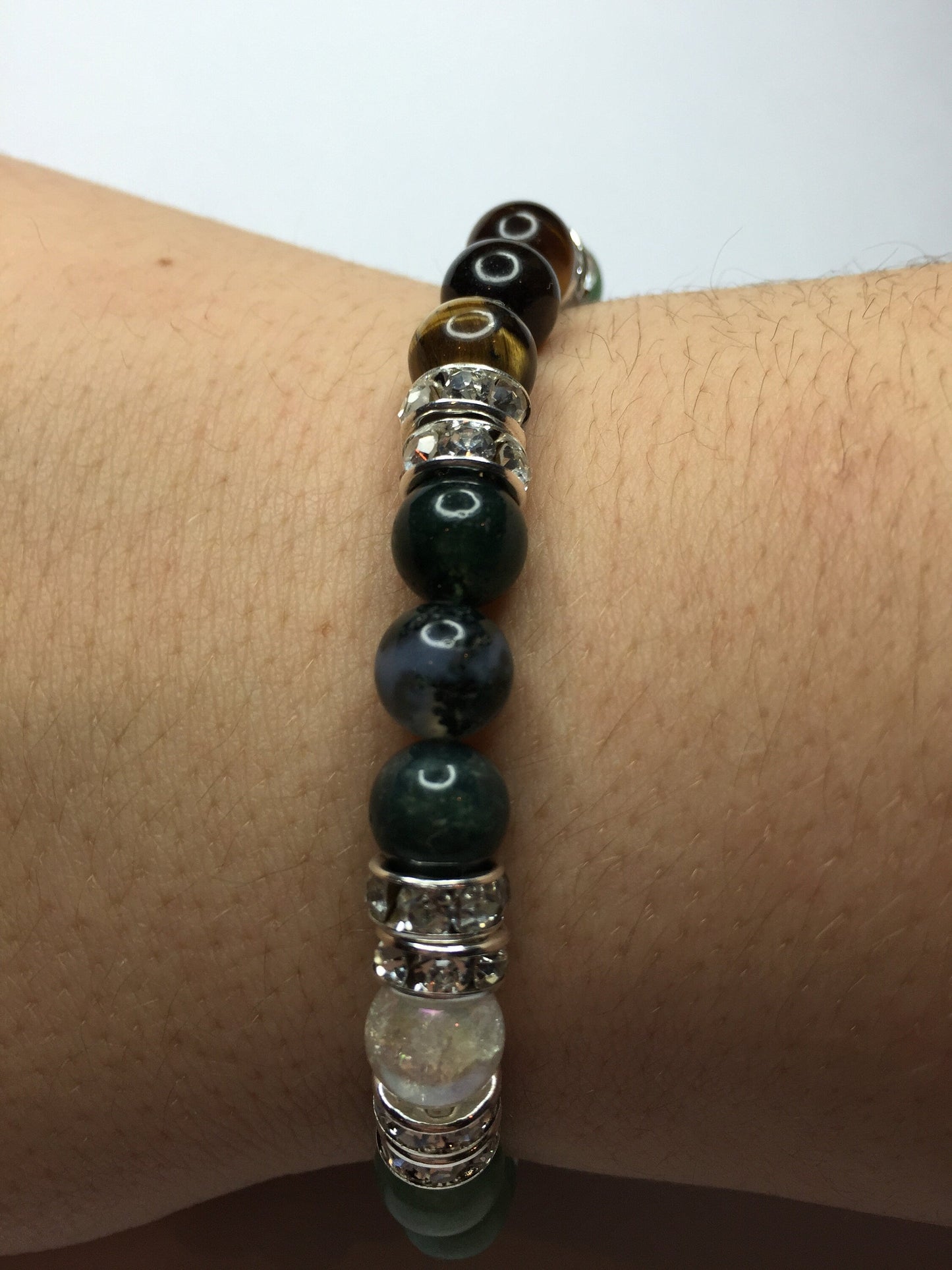 Riches Natural Jade, Moss Agate, and Tigers Eye Beaded Stretch Bracelet