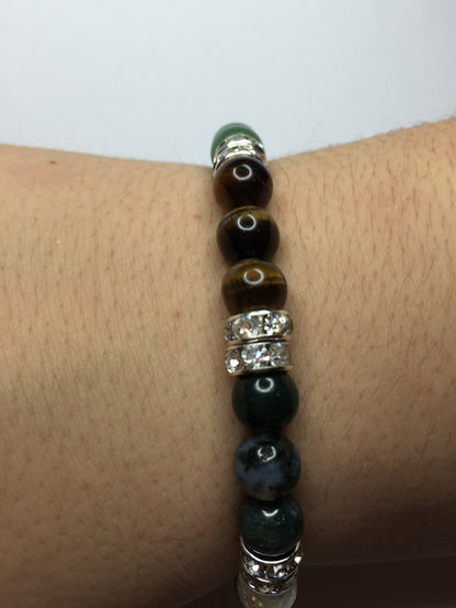 Riches Natural Jade, Moss Agate, and Tigers Eye Beaded Stretch Bracelet