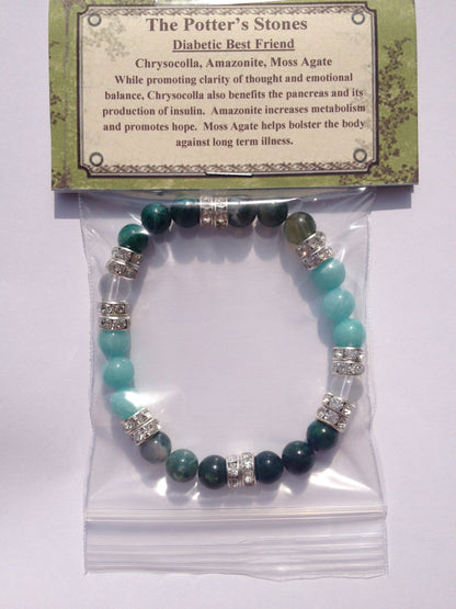 Diabetic Best Friend Natural Chrysocolla, Amazonite, & Moss Agate Beaded Stretch Bracelet