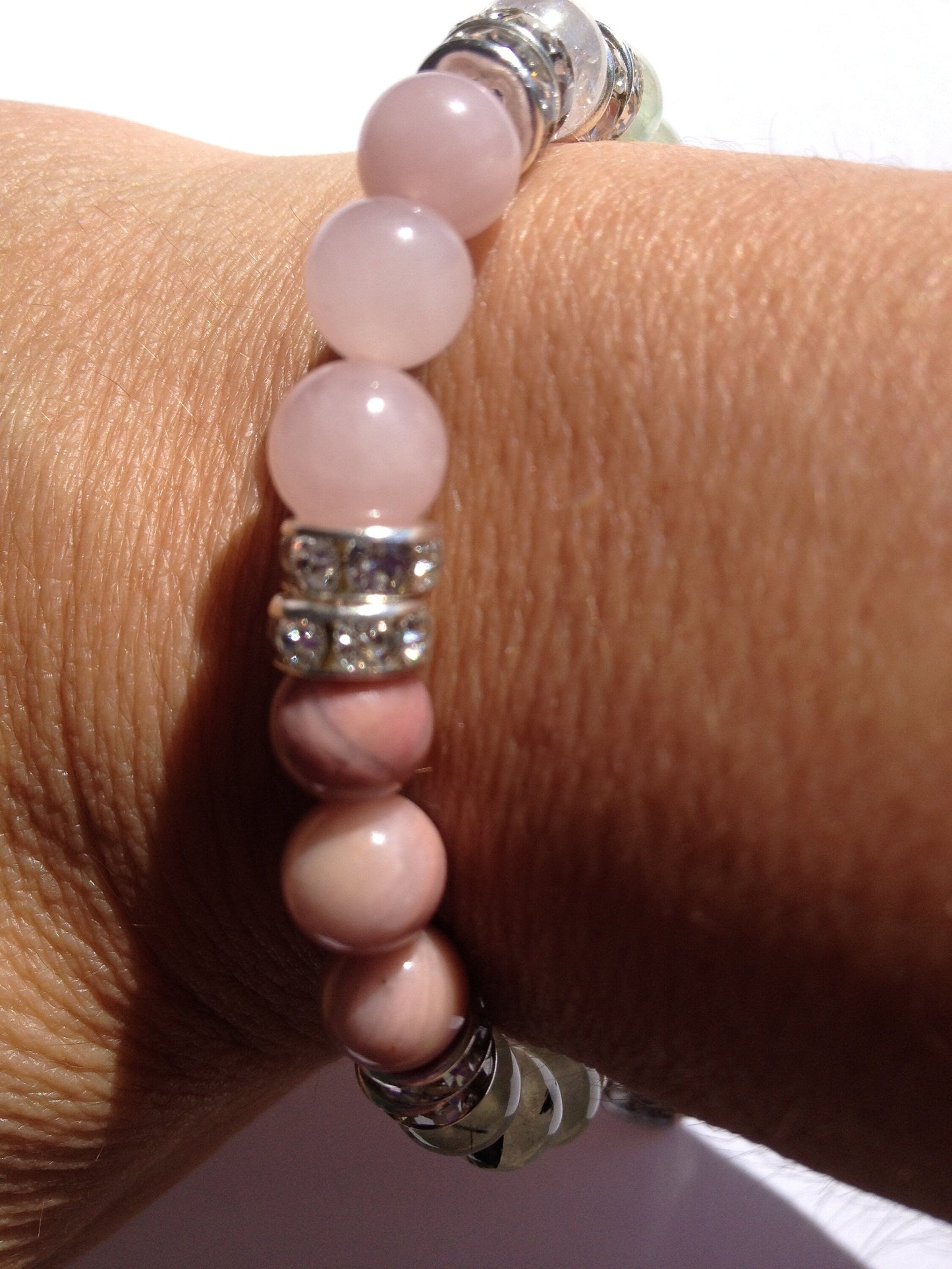 Love Natural Rose Quartz, Rhodochrosite, & Prehnite Gemstone Beaded Stretch Bracelet