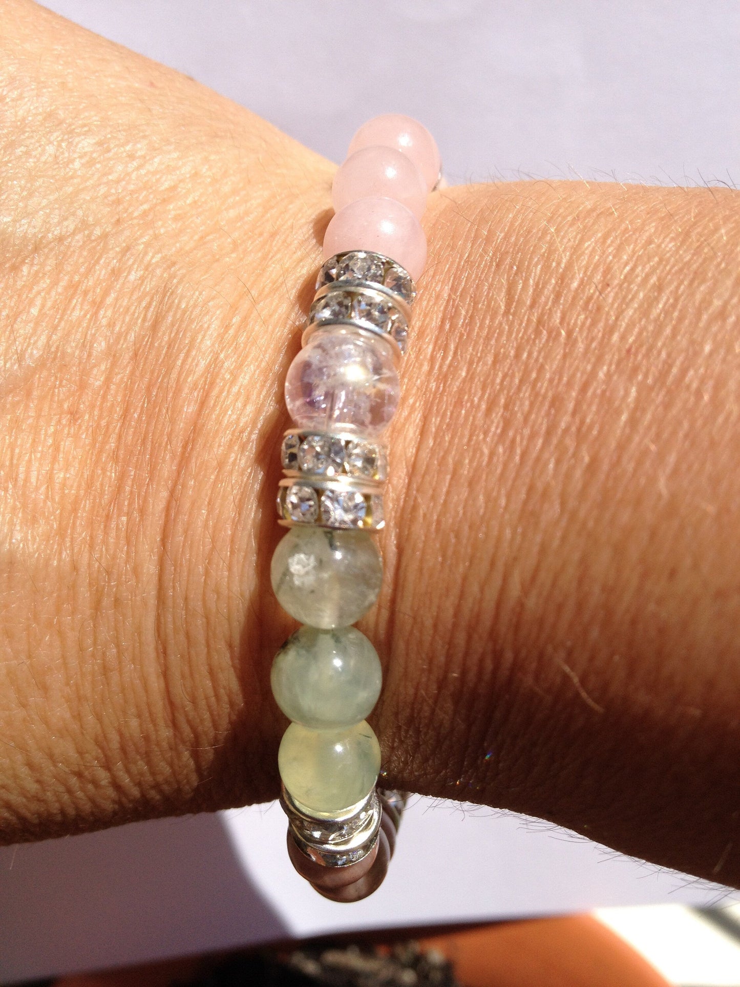 Love Natural Rose Quartz, Rhodochrosite, & Prehnite Gemstone Beaded Stretch Bracelet