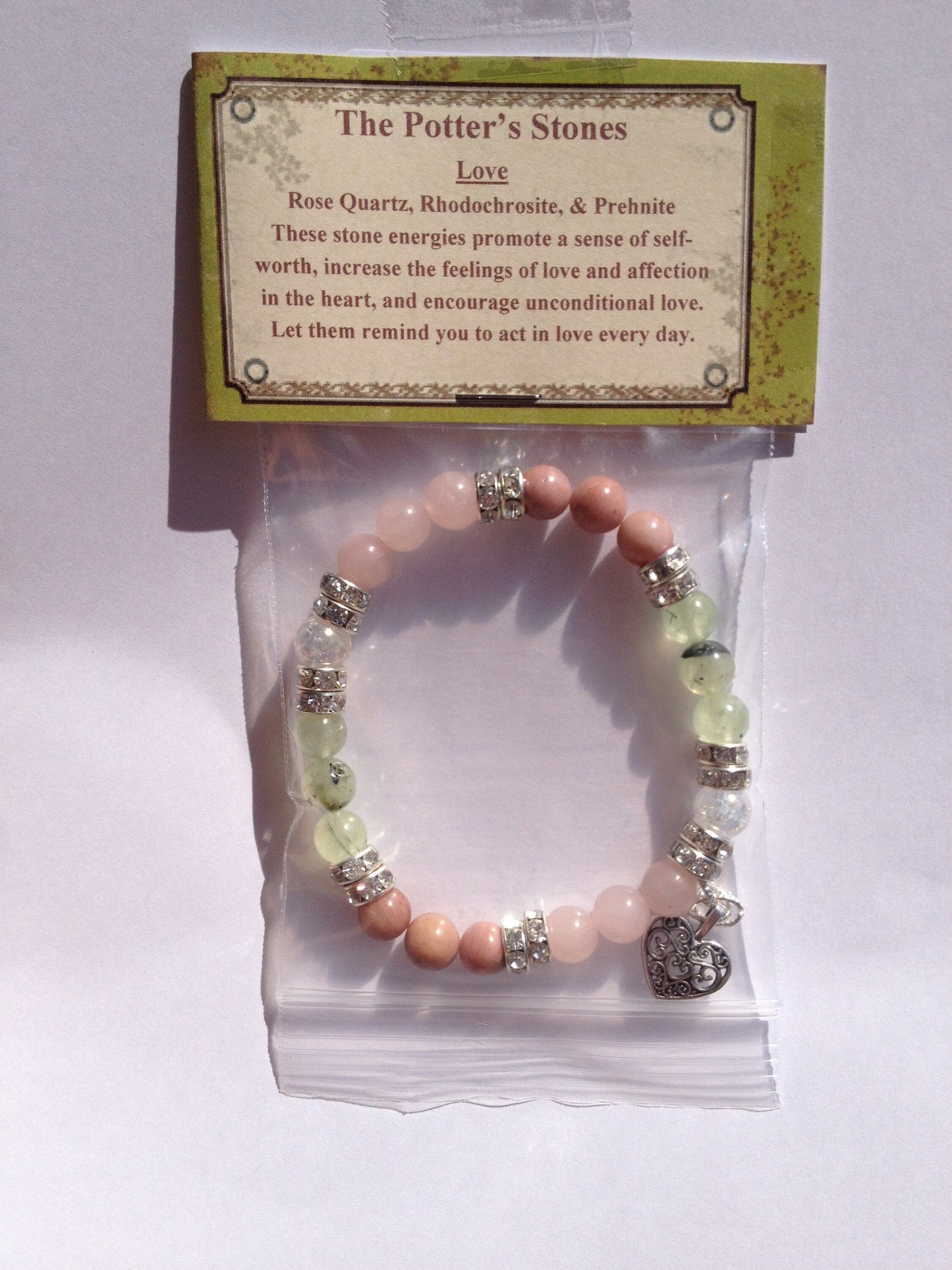 Love Natural Rose Quartz, Rhodochrosite, & Prehnite Gemstone Beaded Stretch Bracelet