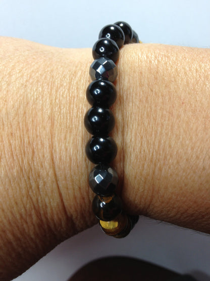 Zombie Slayer: Tiger's Eye, Obsidian, Tourmaline & Hematite Beaded Gemstone Stretch Bracelet