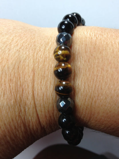 Zombie Slayer: Tiger's Eye, Obsidian, Tourmaline & Hematite Beaded Gemstone Stretch Bracelet